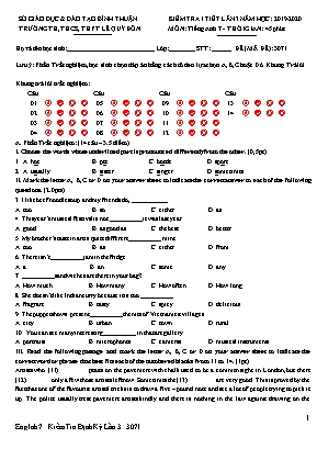 Đề kiểm tra 1 tiết lần 3 môn Tiếng Anh Lớp 7 - Năm học 2019-2020 - Trường TH, THCS, THPT Lê Quý Đôn
